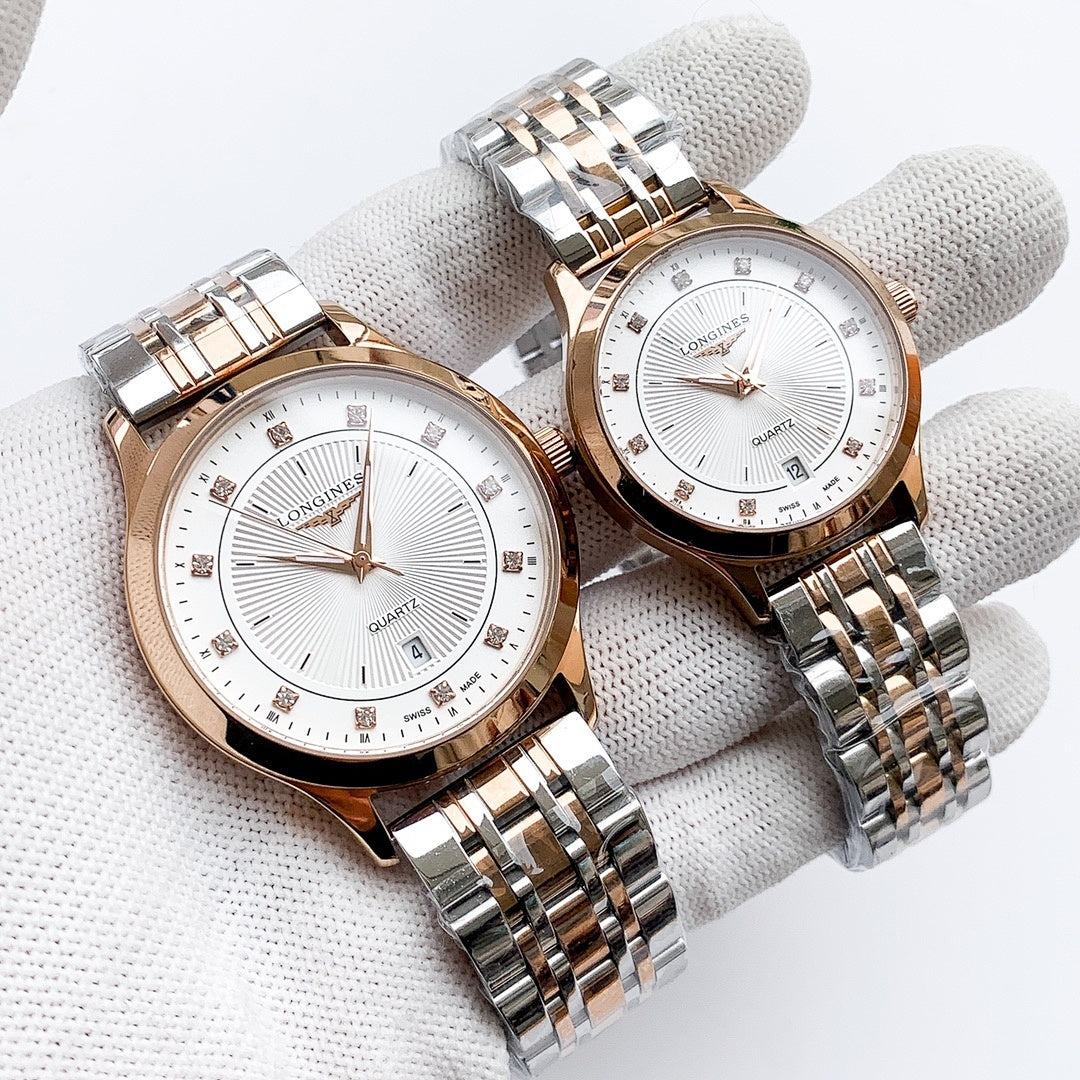 Longines watch: silver metal bracelet, white dial; paired second watch matching