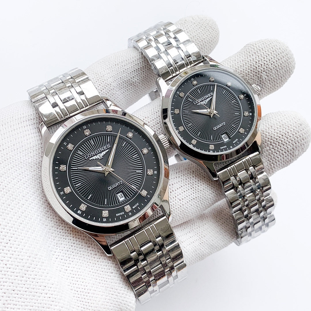 Longines watch: silver metal bracelet, dark dial with markers; paired second watch