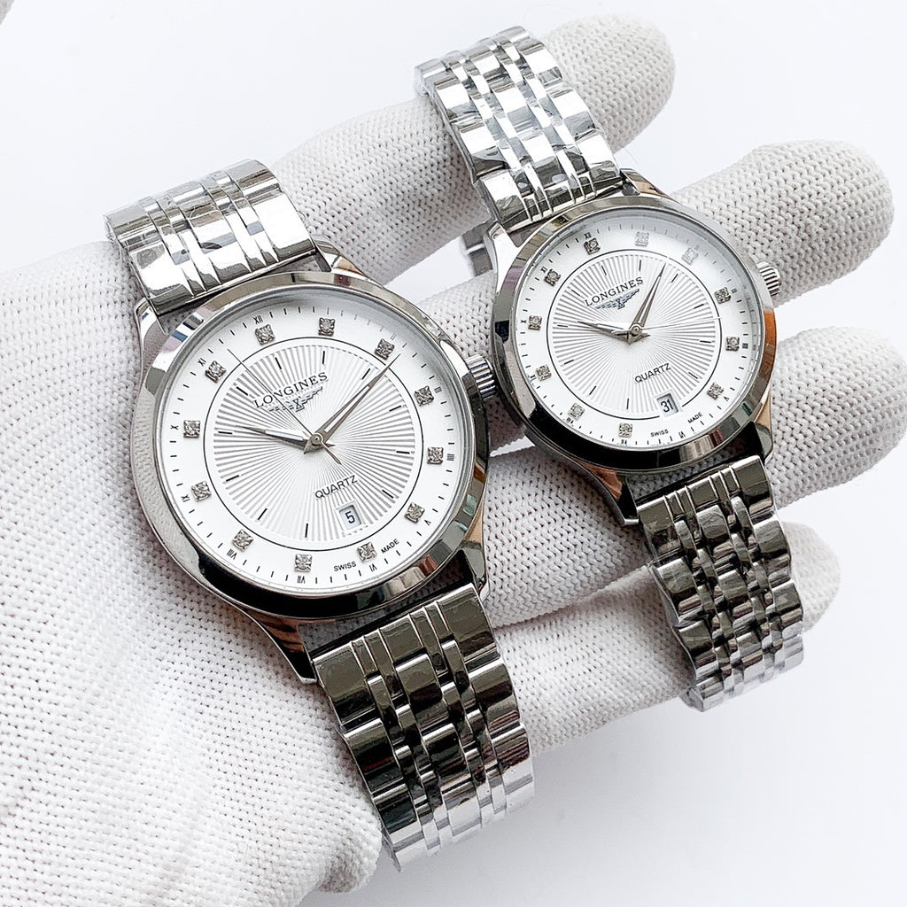 Longines watch: stainless-look bracelet, white dial; paired second watch matching