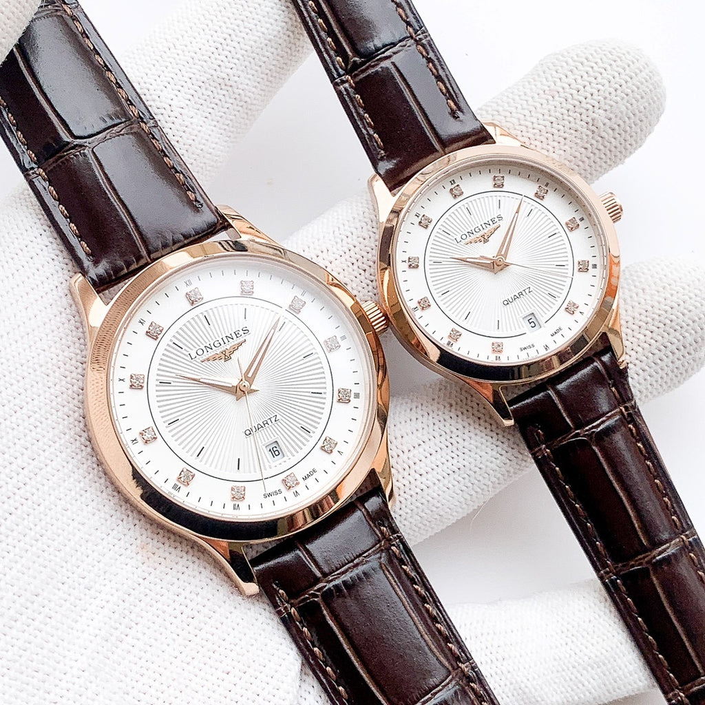 Longines watch: brown leather strap, white dial; paired second watch with rose-gold tone