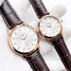 Longines watch: brown leather strap, white dial; paired second watch with rose-gold tone