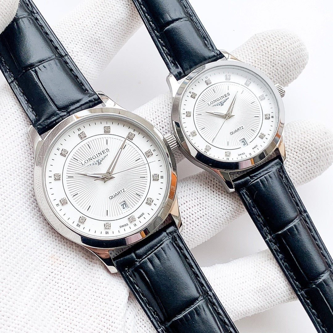 Longines watch: black leather strap and white dial; second watch beside it