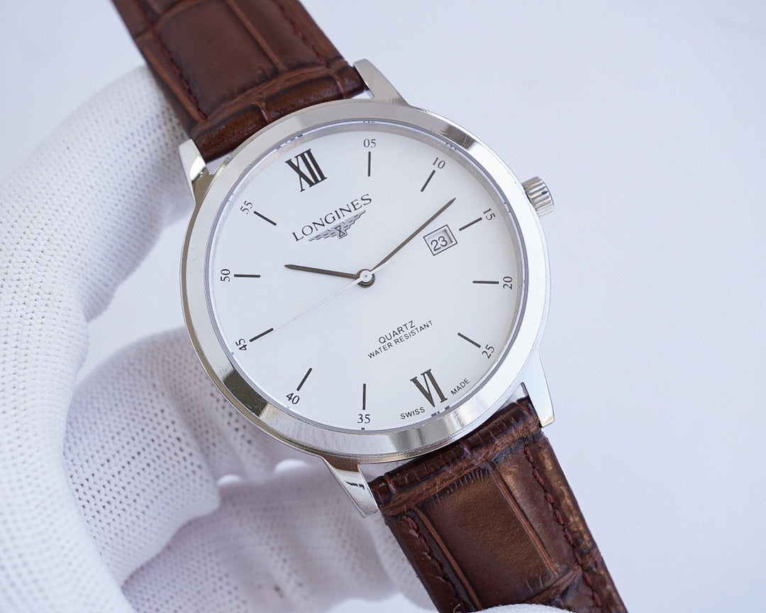 Longines watch with white dial, Roman numerals, and brown leather strap