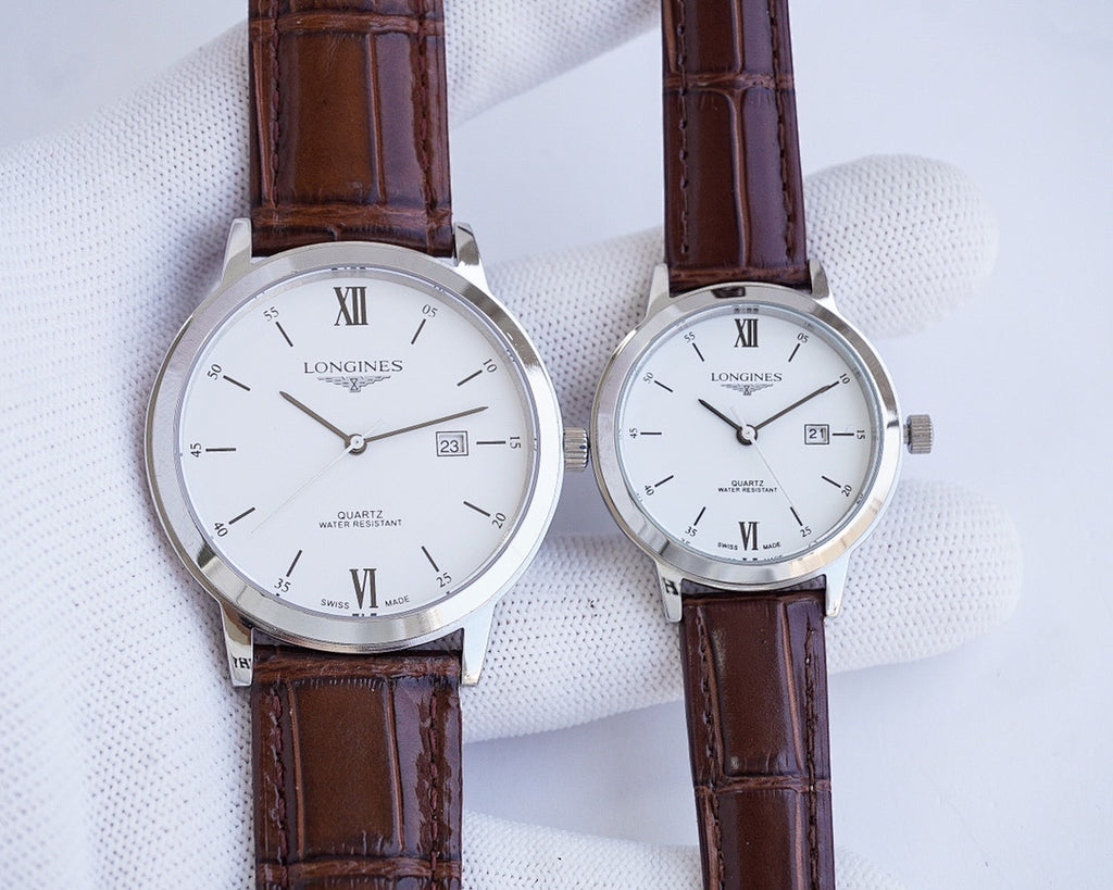 Longines watch pair with white dial and Roman numerals, brown leather straps