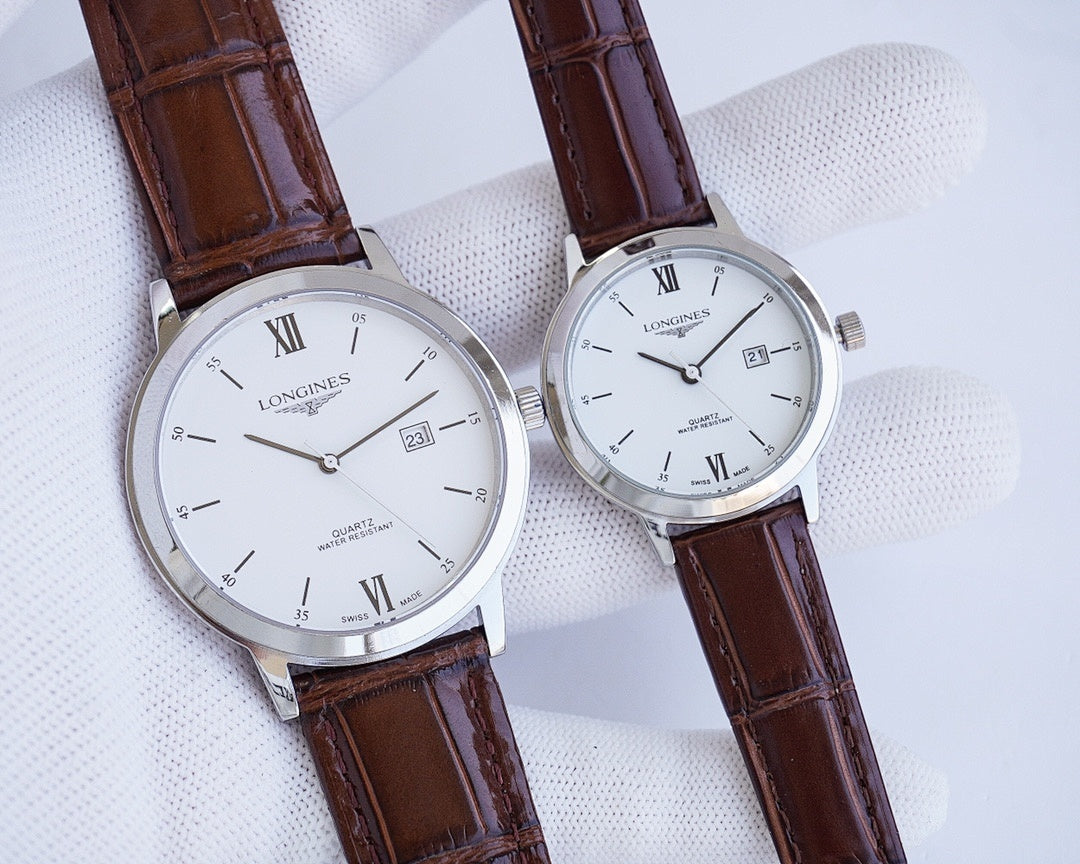 Longines watch pair with white dial, Roman numerals, and brown crocodile leather straps