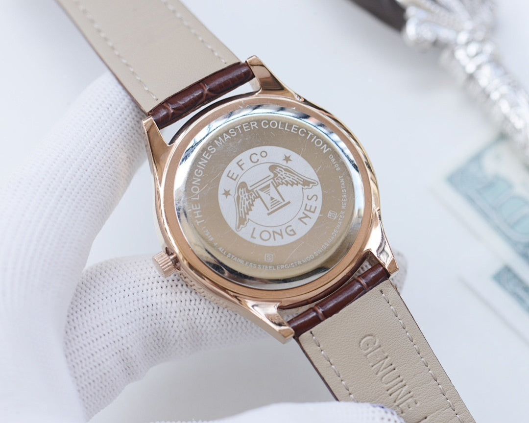 Longines quartz watch caseback with engraved logo and brown leather strap