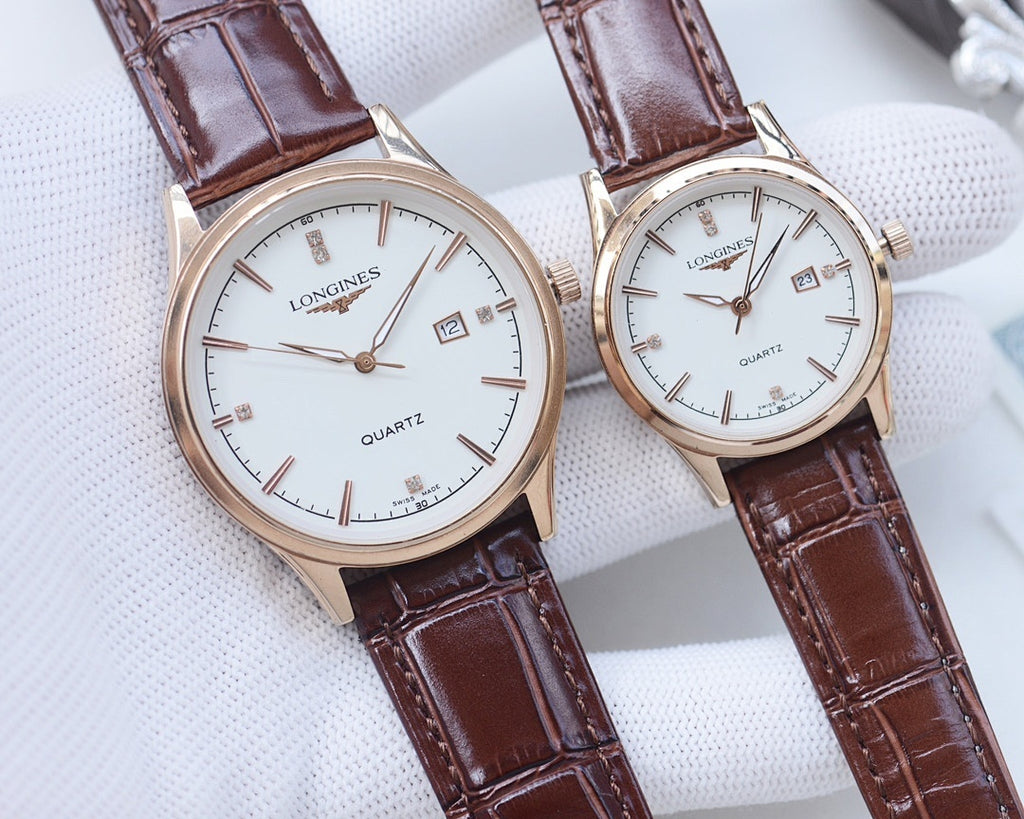 Longines quartz watches with white dials and brown leather straps
