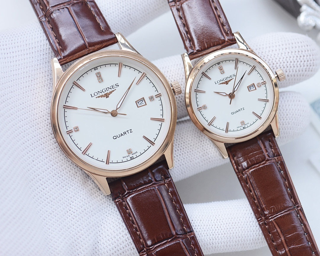 Longines quartz watches with white dials and brown leather straps