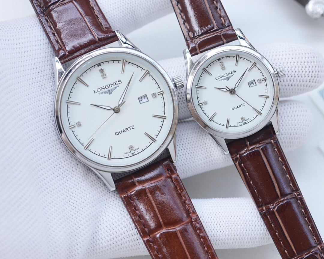 Longines quartz watches with white dials and silver cases with brown leather straps