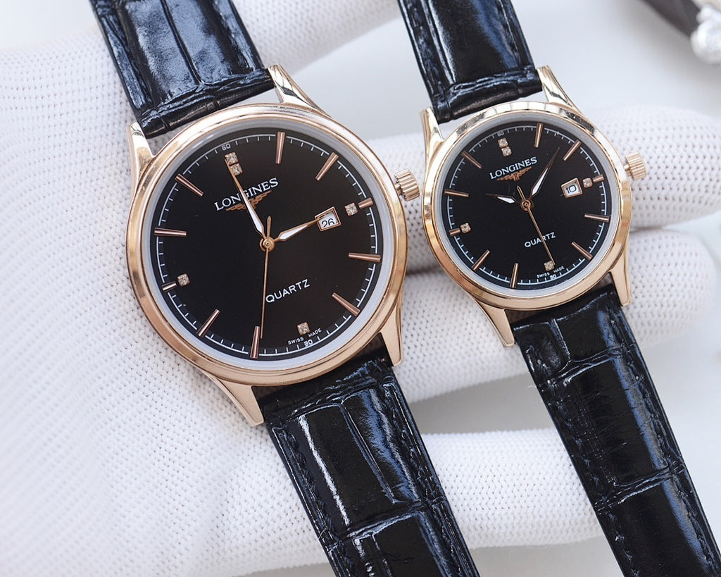 Longines quartz watches with black dials and navy leather straps