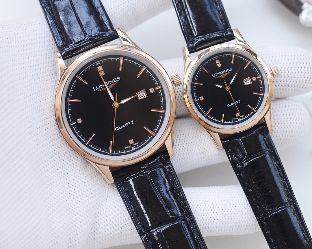 Longines quartz watches with black dials and navy leather straps