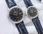Longines quartz watches with black dials and silver cases with navy leather straps