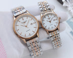 Longines quartz watches with white dials and rose-gold and stainless steel bracelets