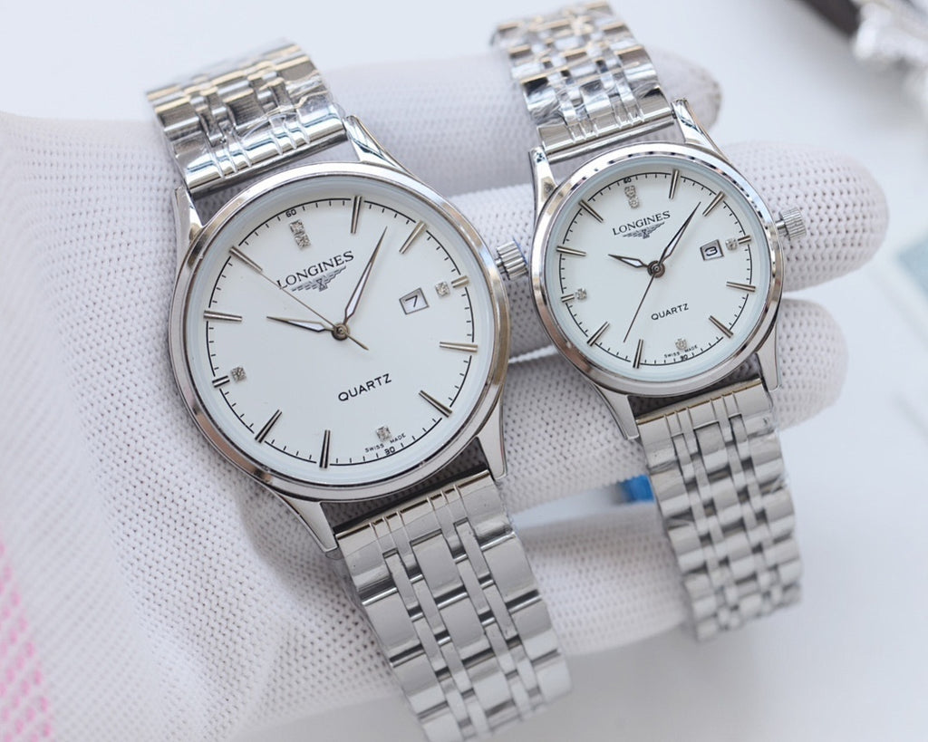 Longines quartz watches with white dials and silver stainless steel bracelets