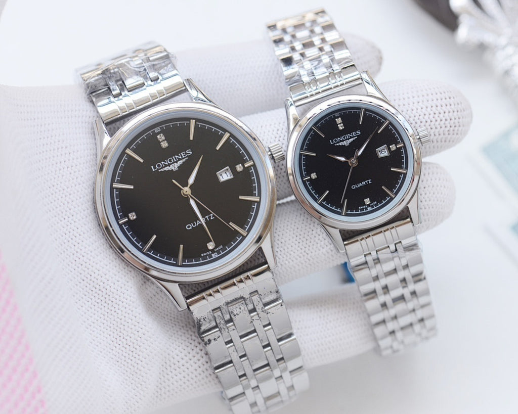 Longines quartz watches with black dials and silver stainless steel bracelets