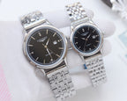 Longines quartz watches with black dials and silver stainless steel bracelets