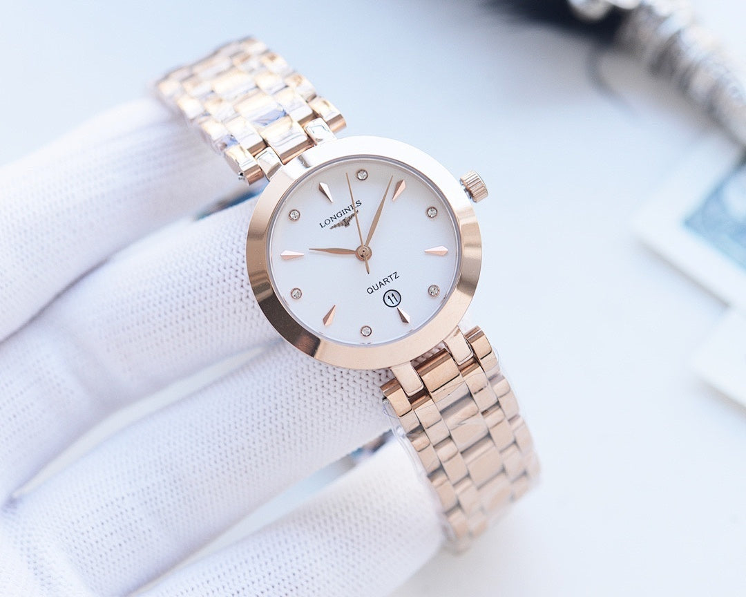 Longines round watch with white dial and rose-gold bezel on metal bracelet