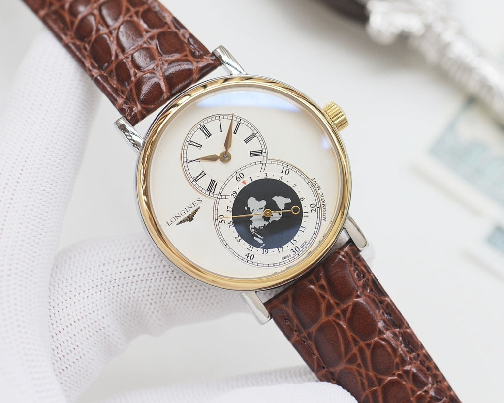 Two-tone wristwatch with brown leather strap, gold-trim bezel, white dial, world map subdial