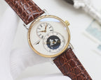 Two-tone wristwatch with brown leather strap, gold-trim bezel, white dial, world map subdial