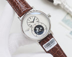 Stainless wristwatch with brown leather strap, white dial, world map subdial and minute track