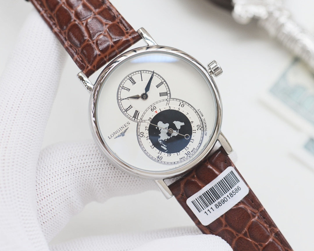 Stainless wristwatch with brown leather strap, white dial, world map subdial and minute track
