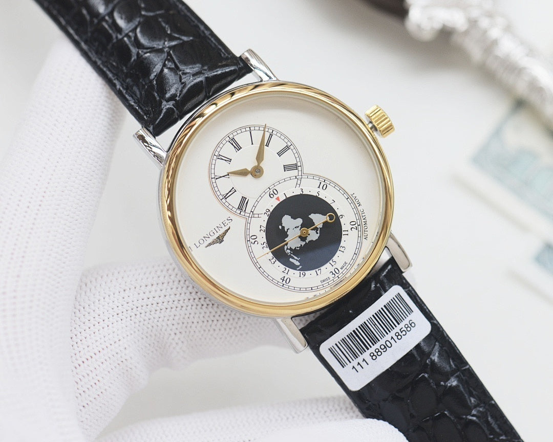 Gold-trim wristwatch with black crocodile-style leather strap, white dial, world map subdial