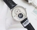 Silver wristwatch with black crocodile-style leather strap, white dial, world map subdial