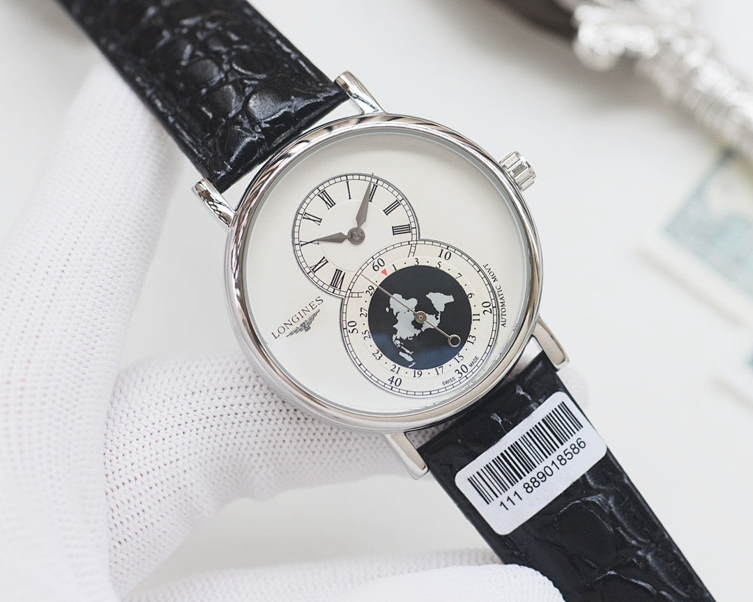 Silver wristwatch with black crocodile-style leather strap, white dial, world map subdial
