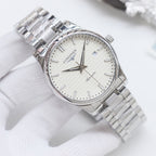 Silver-tone Longines wristwatch with white dial, metal link bracelet
