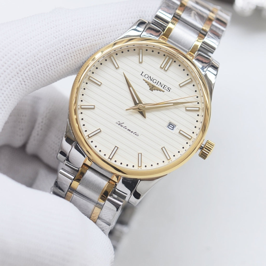 Two-tone Longines wristwatch with cream dial, gold hands, silver link bracelet