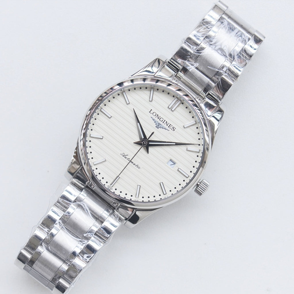Silver-tone Longines wristwatch with white dial and polished metal link bracelet
