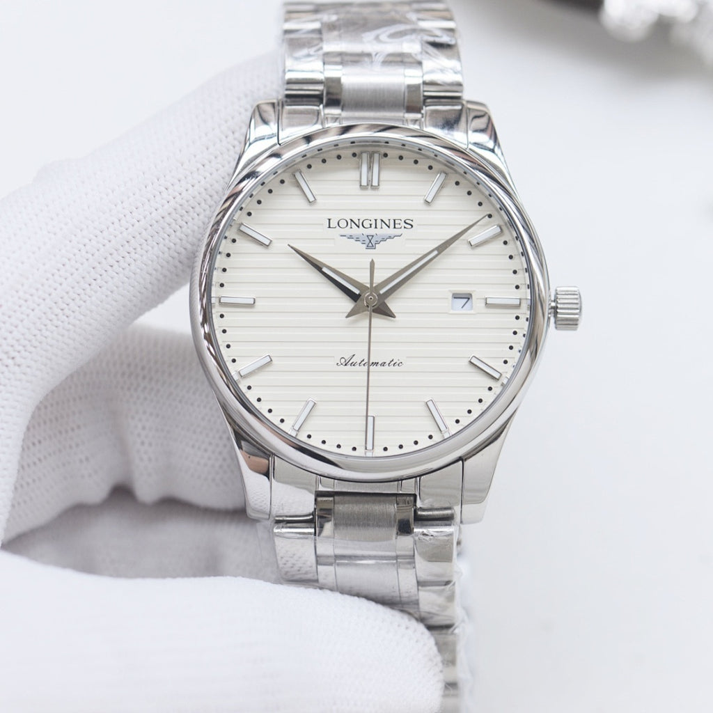 Silver-tone Longines automatic wristwatch with white dial and metal link strap