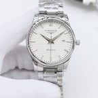 Silver-tone Longines automatic wristwatch with white dial and metal link strap