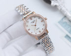 Longines rose-tone watch with crystal-studded bezel, white dial, metal link bracelet