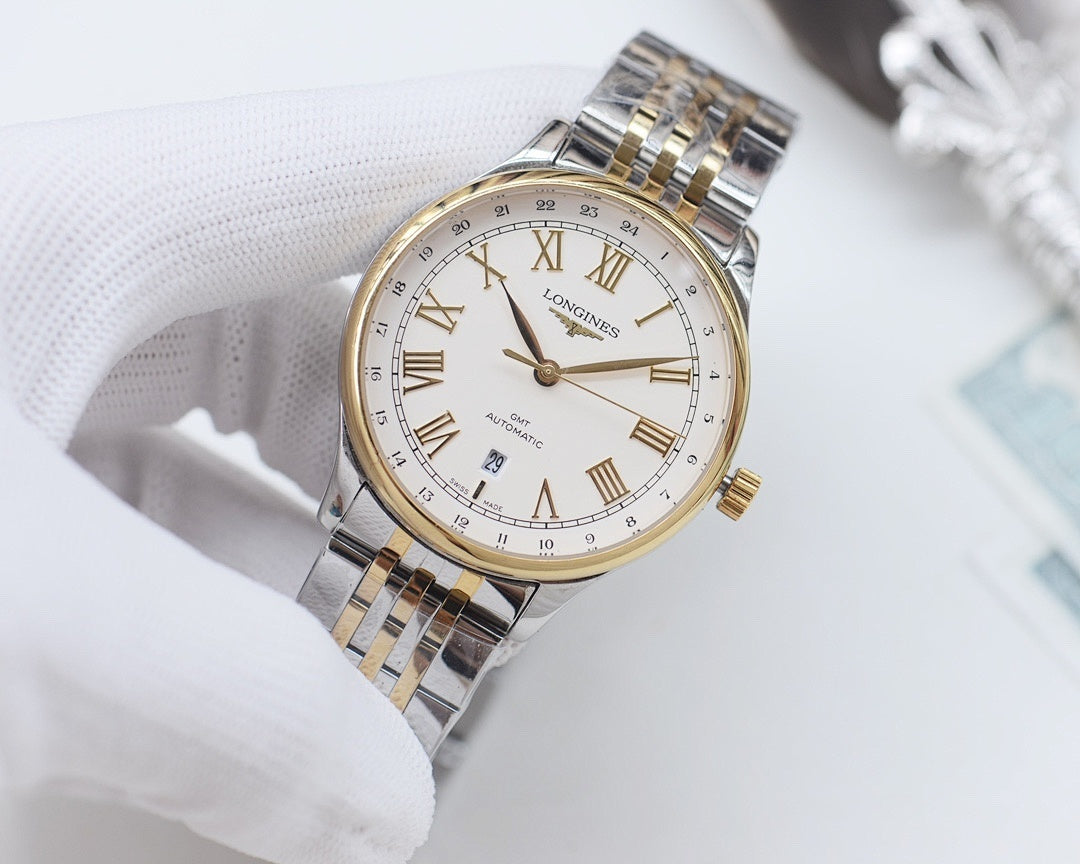 Longines watch with white dial and gold-tone markers, steel-and-gold bracelet