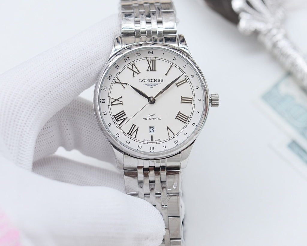 Longines watch with silver dial, Roman numerals, date window, stainless steel bracelet