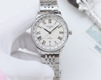 Longines watch with silver dial, Roman numerals, date window, stainless steel bracelet
