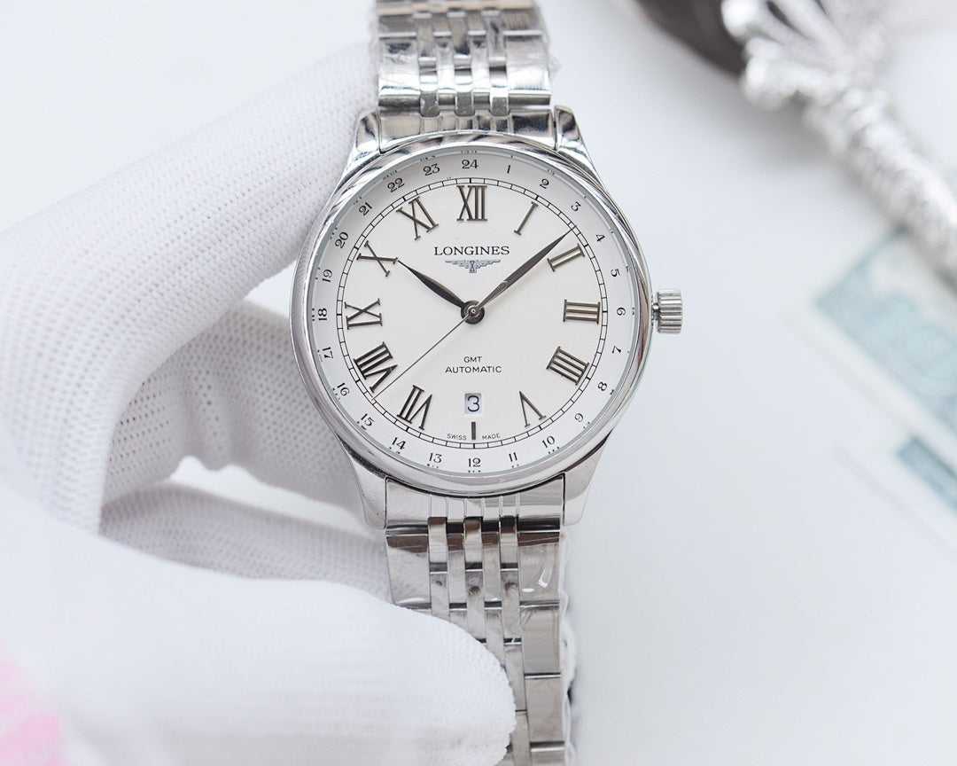 Longines watch with silver dial, Roman numerals, date window, stainless steel bracelet