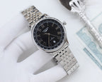 Longines watch with black dial, Roman numerals, stainless steel bracelet