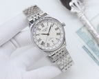 Longines watch with white dial, Roman numerals, date markers, stainless steel bracelet