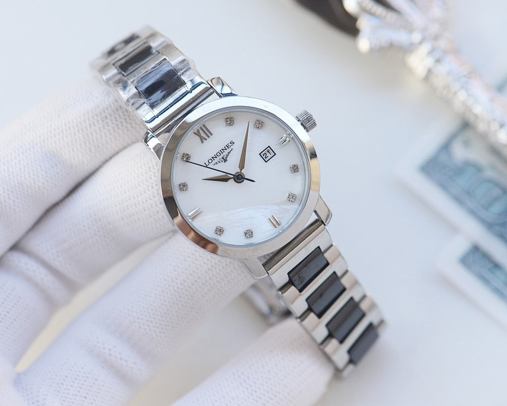 Longines wristwatch with rose-gold case and silver bracelet with dark center links