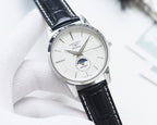 Longines watch with white dial, black leather strap, round silver case