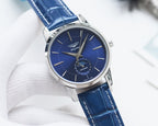 Longines watch with blue dial, blue leather strap, round silver case