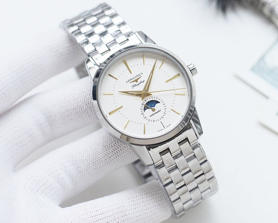 Longines watch with white dial and steel link bracelet, gold-toned hands