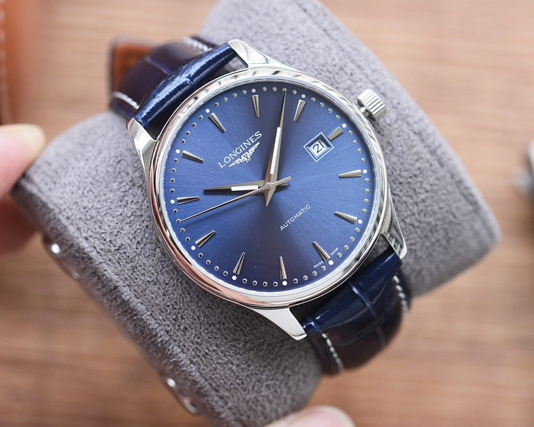 Longines automatic watch with blue dial, silver-tone case, and blue leather strap