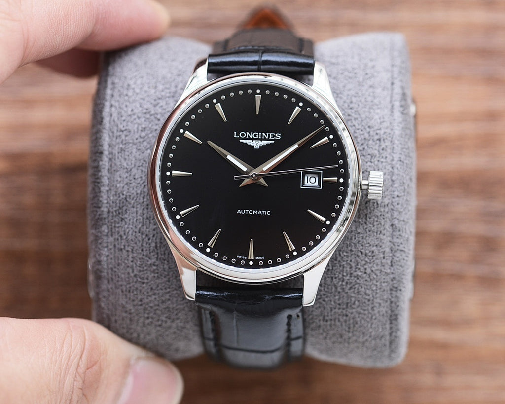 Longines automatic watch with black dial, silver-tone case, and black leather strap