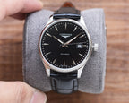 Longines automatic watch with black dial, silver-tone case, and black leather strap