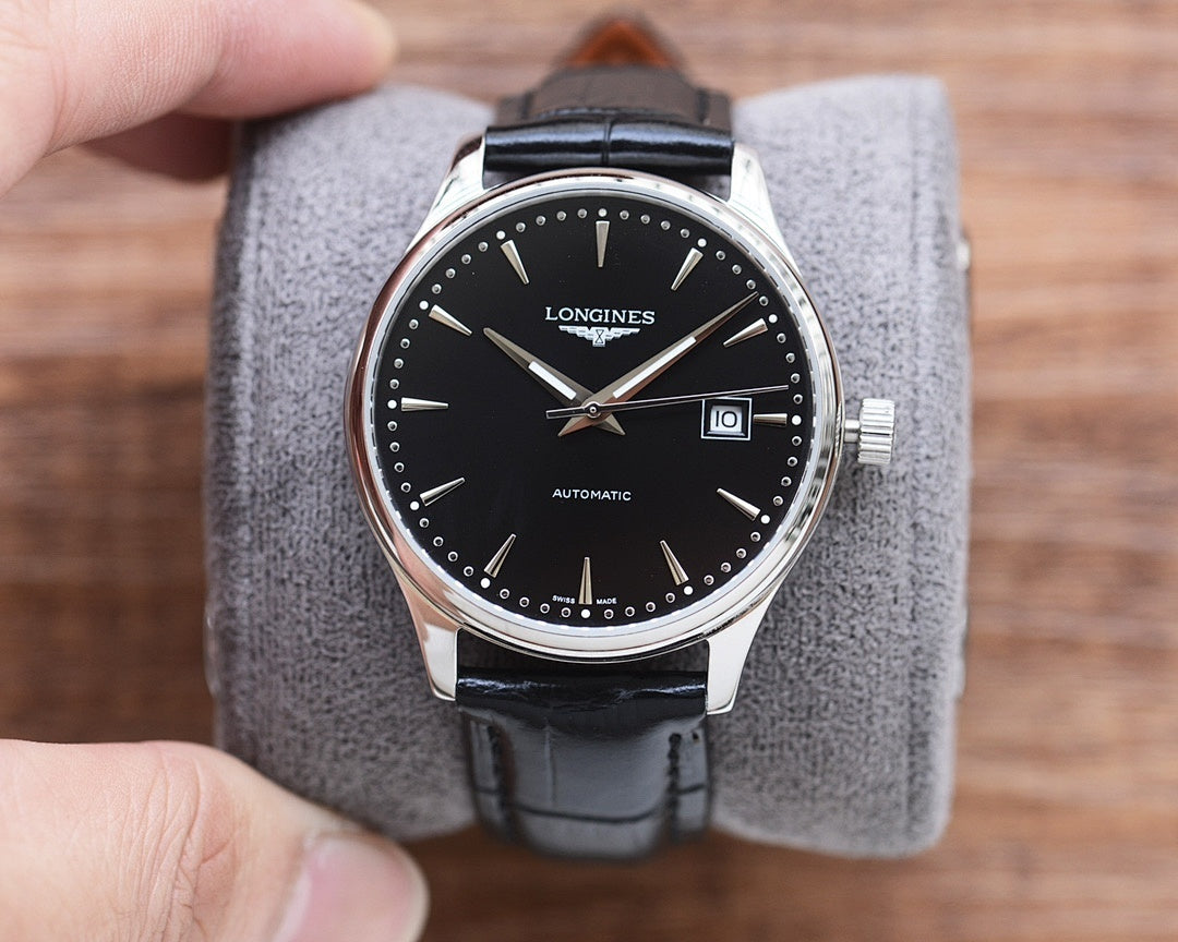 Longines automatic watch with black dial, silver-tone case, and black leather strap
