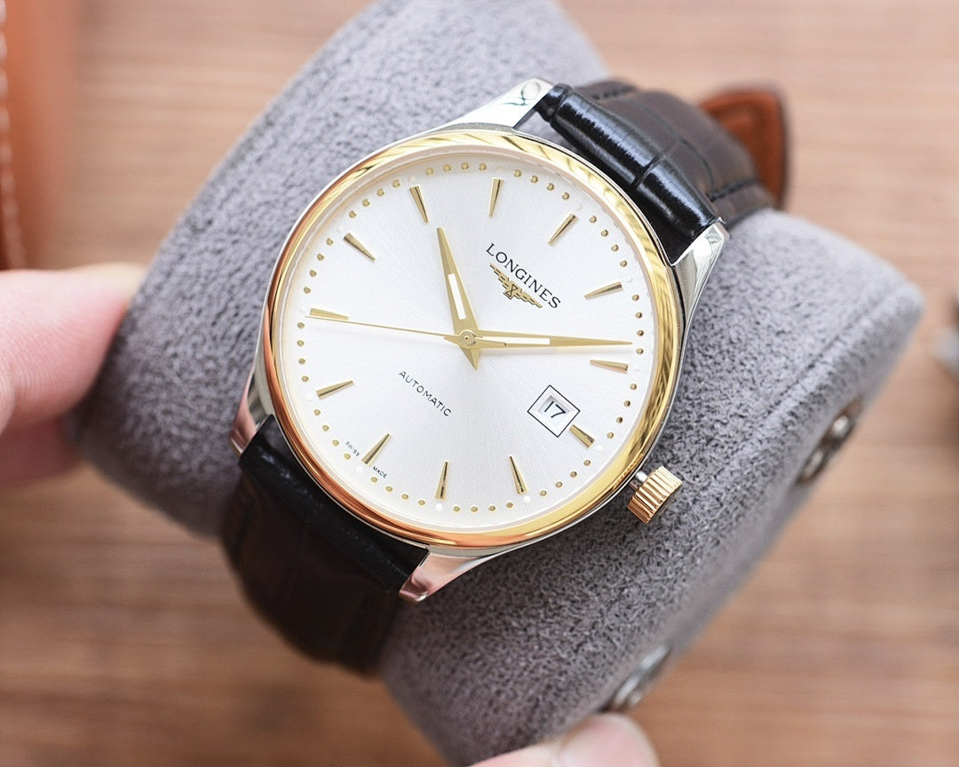 Longines automatic watch with white dial, gold-tone case, and black leather strap