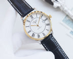 Longines wristwatch with white dial, Roman numerals, gold-tone bezel, dark leather strap